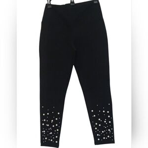 Athena Marie -Ladies Petite Black Pants,Faux Pearl Leg Embellishment,Lined Waist